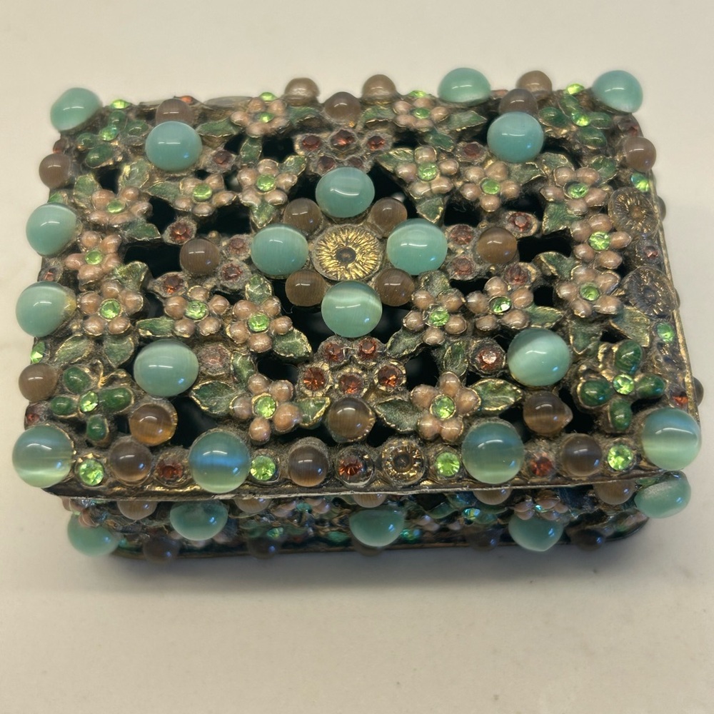Vintage Brass & Enamel Trinket Box Cherry Blossoms, teal and brown beads